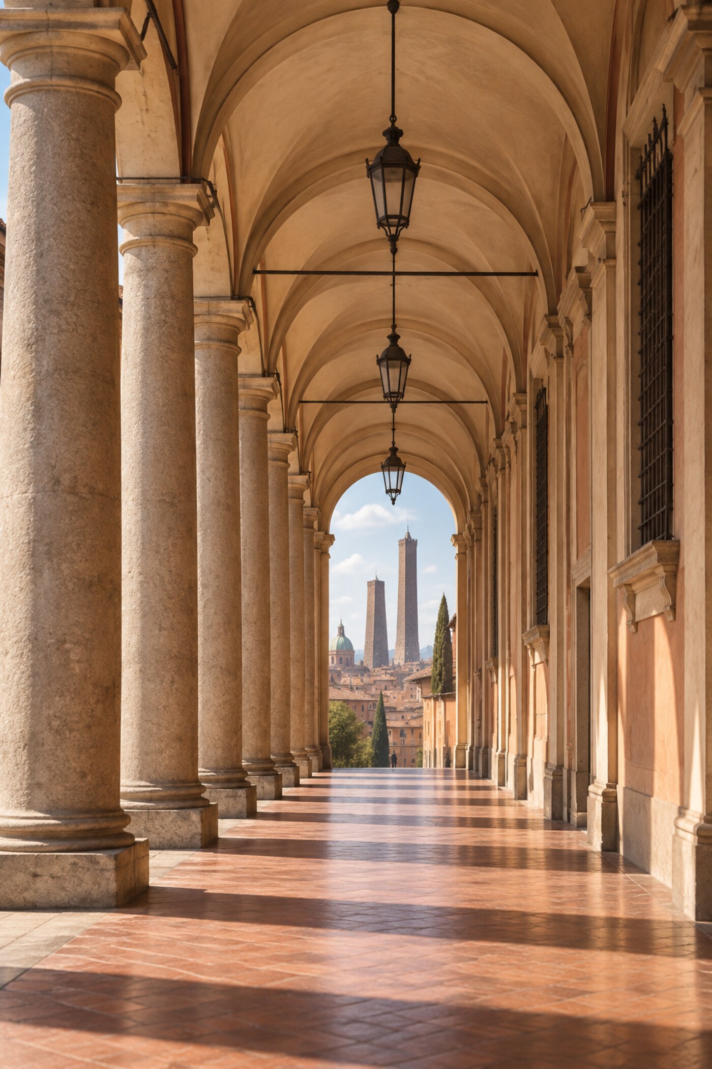 Portico storico di Bologna con vista sulle Due Torri